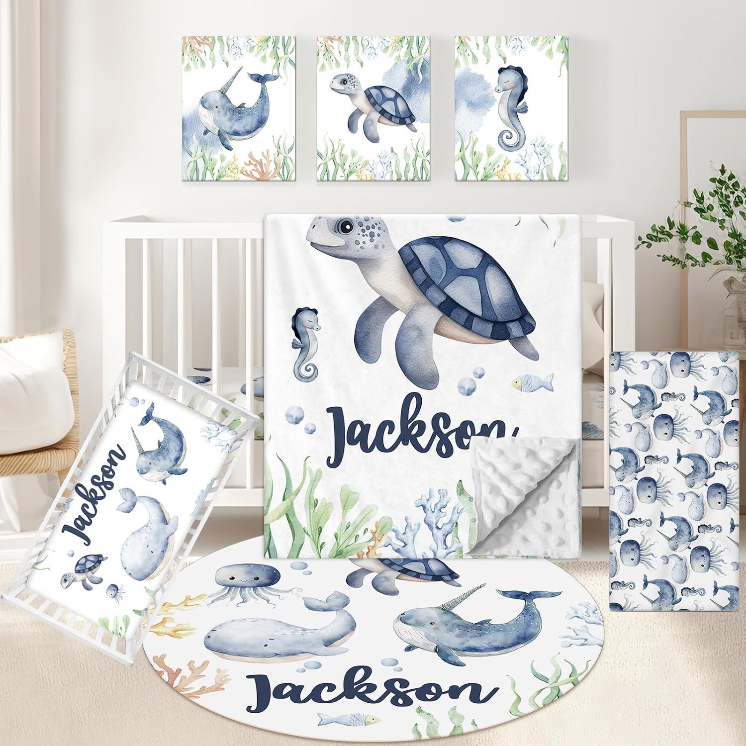 KAINSY Personalized Baby Crib Bedding Set, 5 Pcs Custom Name Bedding Set, Double Layer Nursery Set, Ocean Animal Crib Set for Girls & Boys, Gift for Toddler & Infant