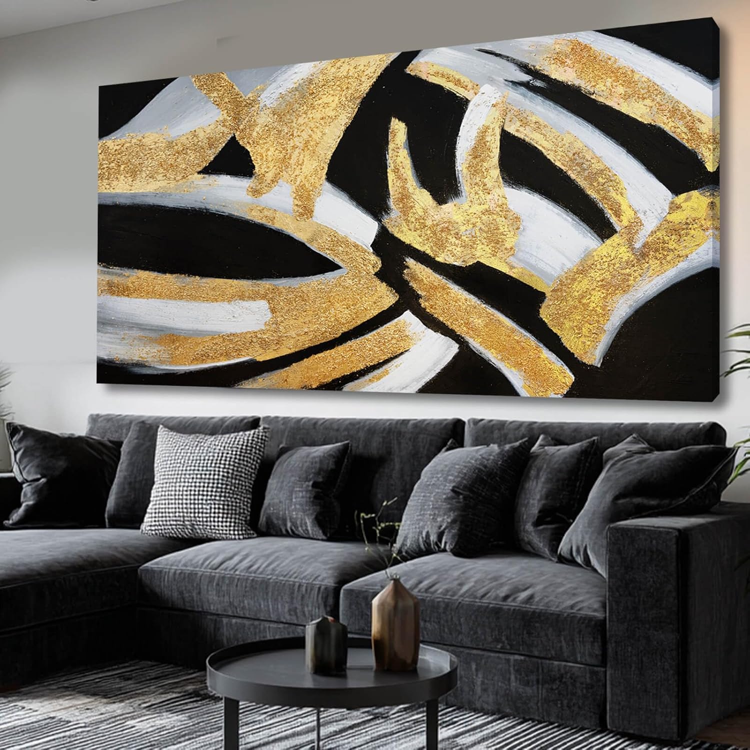 Kureful Line Wall Decor Black and Gold Canvas Art Large Dining Room Wall Pictures 29'x58' Wall Decorations for Living Room Textured Artwork
