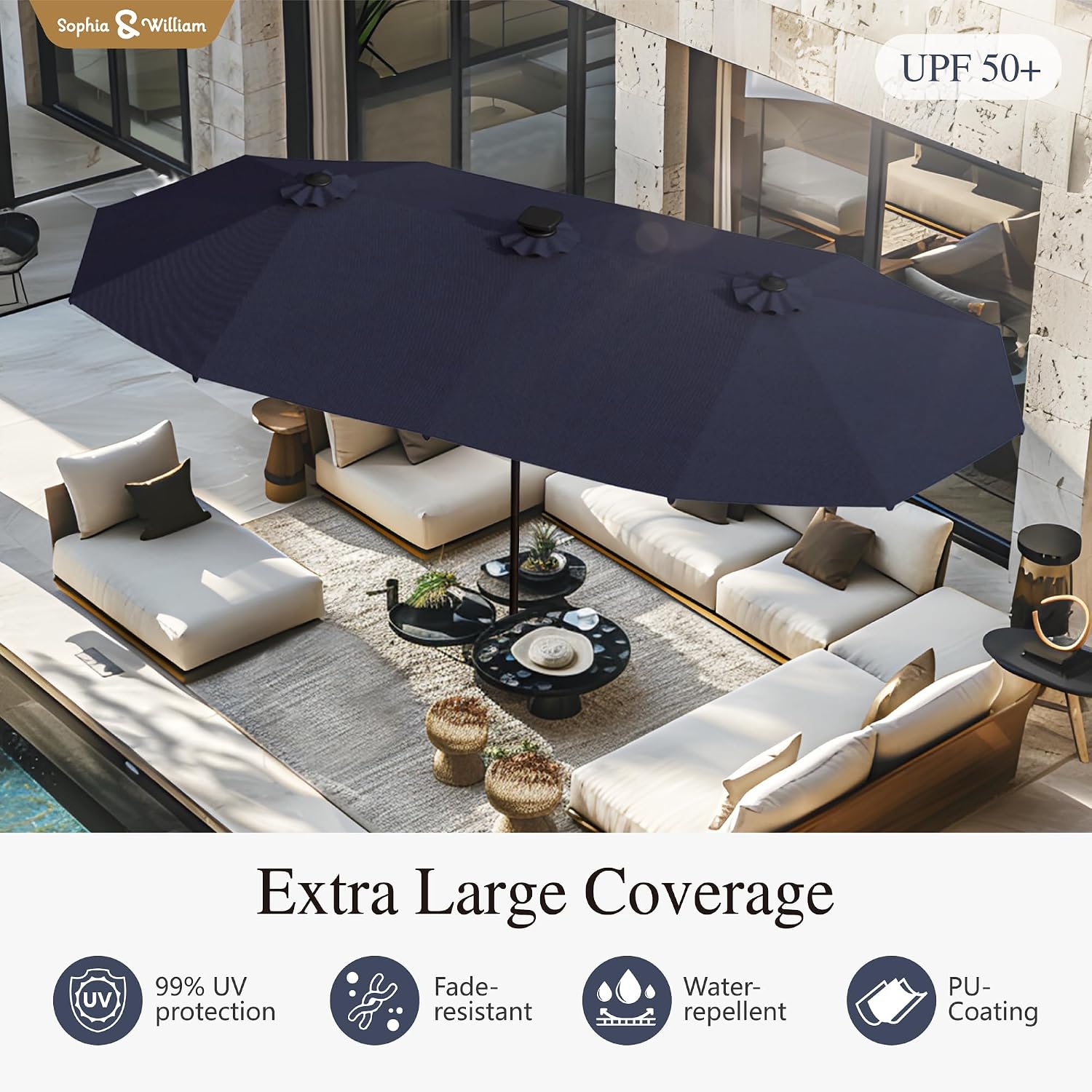 Sophia & William 13ft Outdoor Patio Umbrella with Solar Lights, Large Double-sided Umbrella with LED Lights, Perfect for Garden, Deck, Pool, Navy Blue