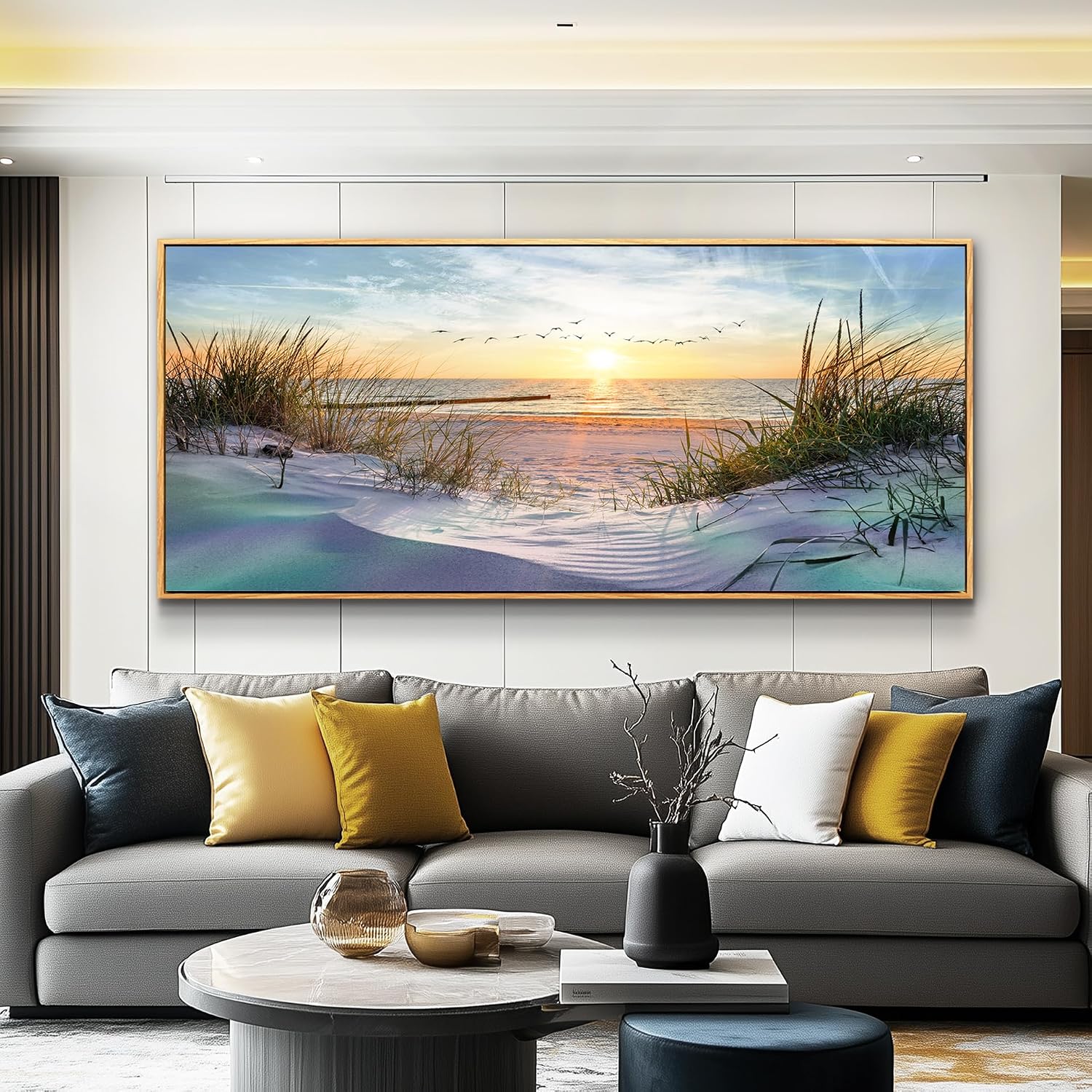 Wapluam Beach Wall Art For Living Room Coastal Canvas Prints Artwork Ocean Seascape Wall Paintings Nature Landscape Wall Decor Pictures for Bedroom Office Hotel Extra Large Framed Home Decor 32x72 In