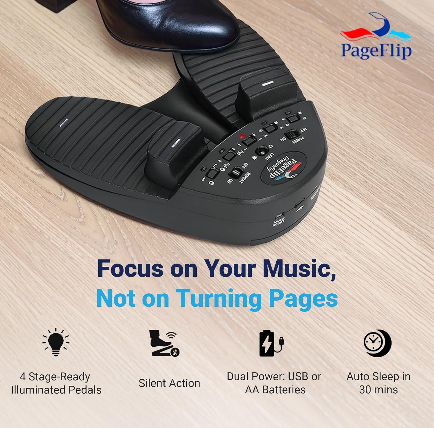 PageFlip Dragonfly Bluetooth Page Turner Pedal – 4-Pedal Silent Foot Pedal for iPad, Android & PC – Hands-Free Sheet Music Control – Works with forScore, OnSong, MobileSheets & 100+ Music Apps