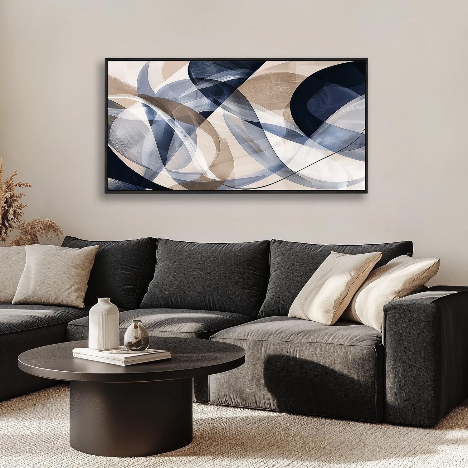 Modern Geometric Abstract Canvas Wall Art Navy Blue and Beige Tones Canvas Painting Framed Home Artwork Living Room Decor for Bedroom Office Wall Decor 30 x 58 inches