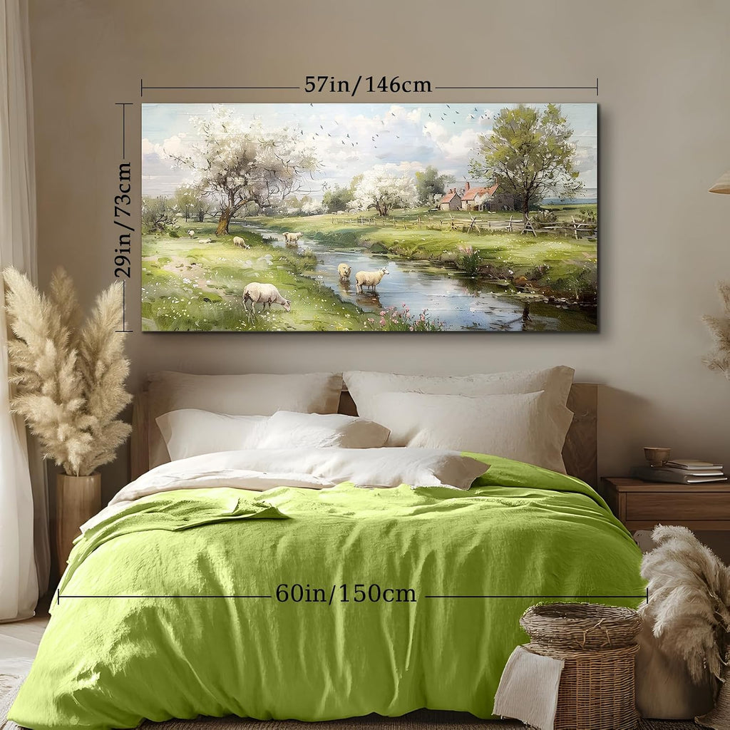 crmotu Landscape Wall Art, Nature Wall Decor, Oversized Wall Art, Riverside Scenic Canvas Art Prints, Modern Farm Aesthetic Paintings Wall Decor Living Room Bedroom Dining Room Farmhouse 29'X57'