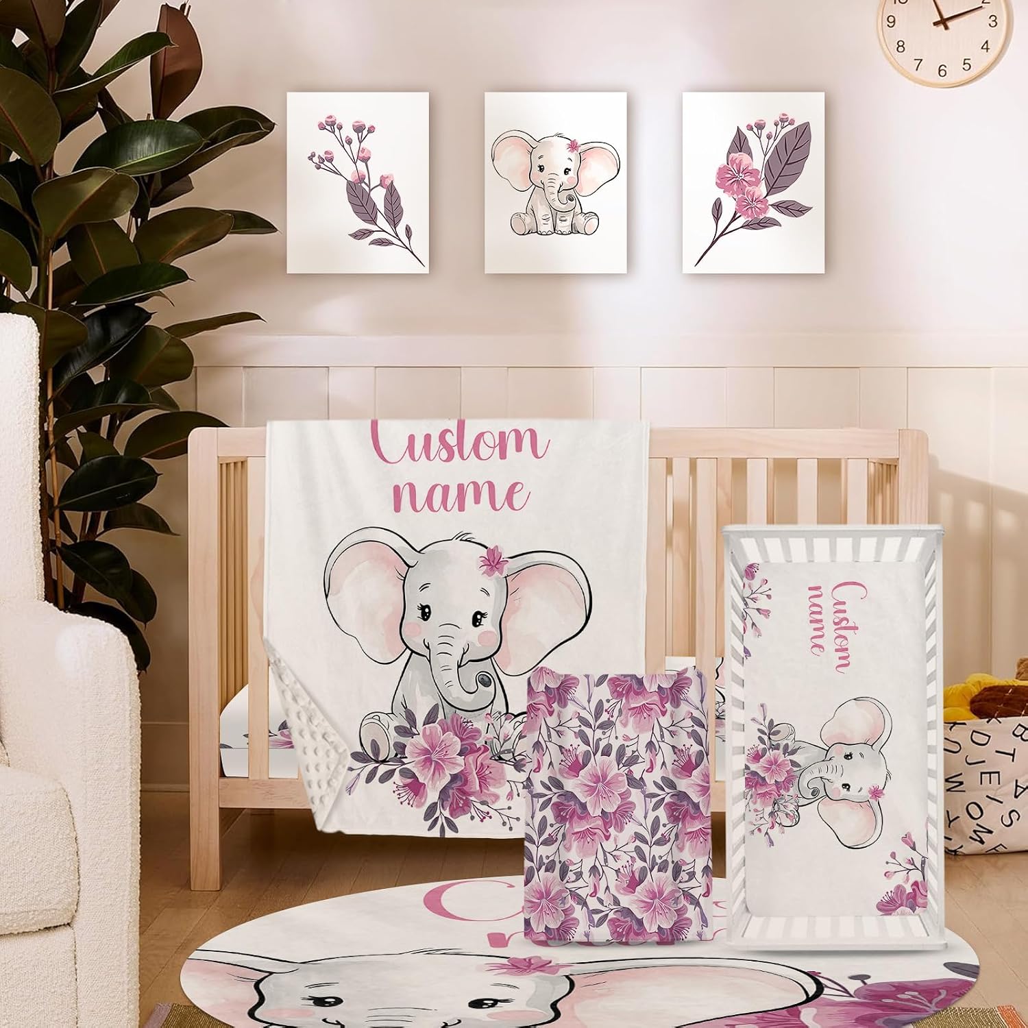 TOOTANN Custom Baby Crib Bedding Set, 5 Pcs Personalized Name Baby Crib Sheets for Kid Toddler Infant, Purple Floral Little Elephant Nursery Bedding Set