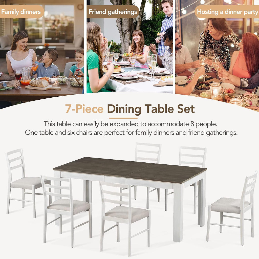 Farmhouse 7-Piece Kitchen Dining Table Set, Solid Wood Rectangle Extendable Table with 12' Leaf and 2 Drawers, 6 Dining Chairs with Soft Cushion, Dining Table Set for 6 Persons (Brown+White FR)