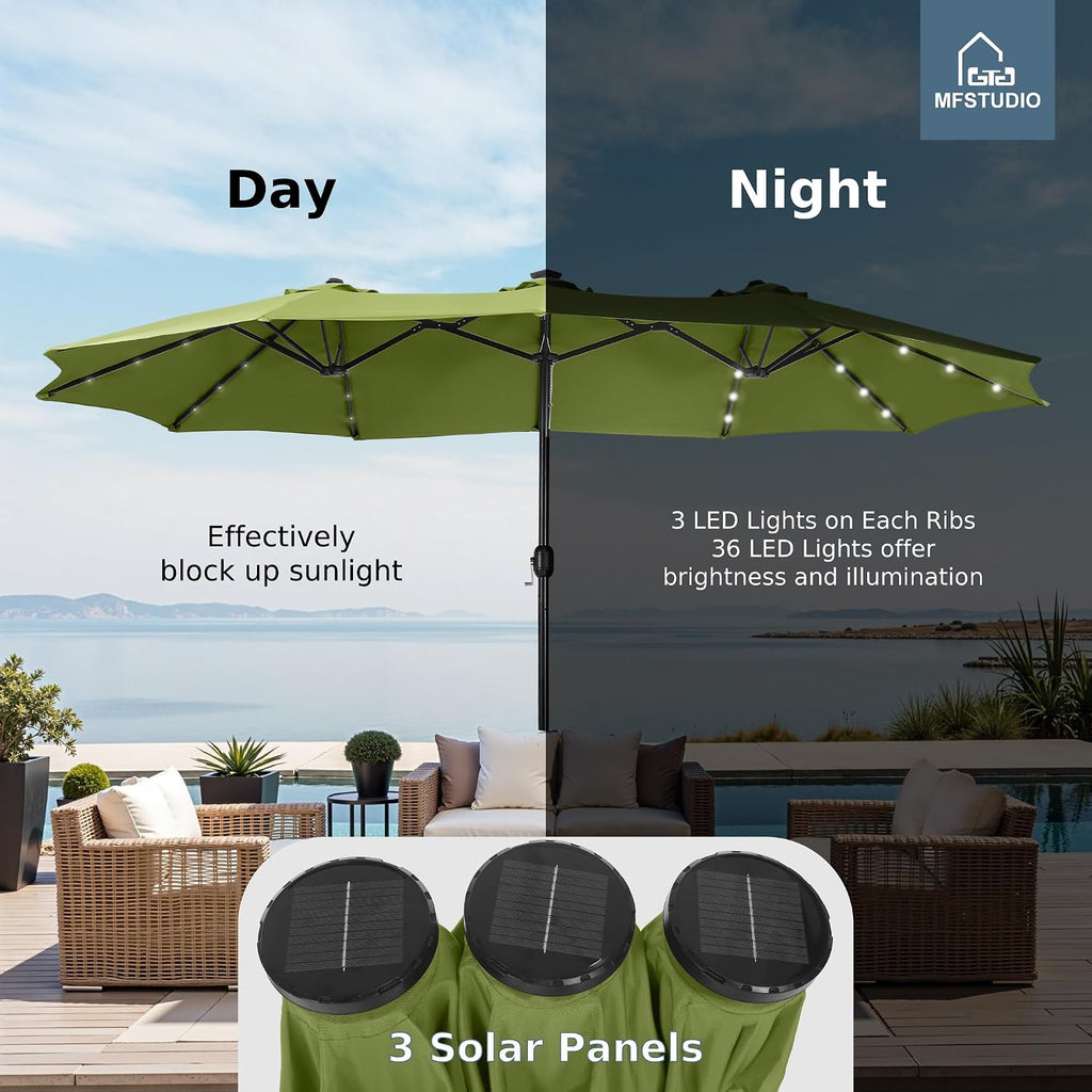 MFSTUDIO 15ft Double Sided Patio Umbrella with Solar Lights, Outdoor Large Umbrellas with Crank Handle and 36 LED Lights, Rectangular Market Umbrella with Base Included for Deck Pool Shade, Lime Green