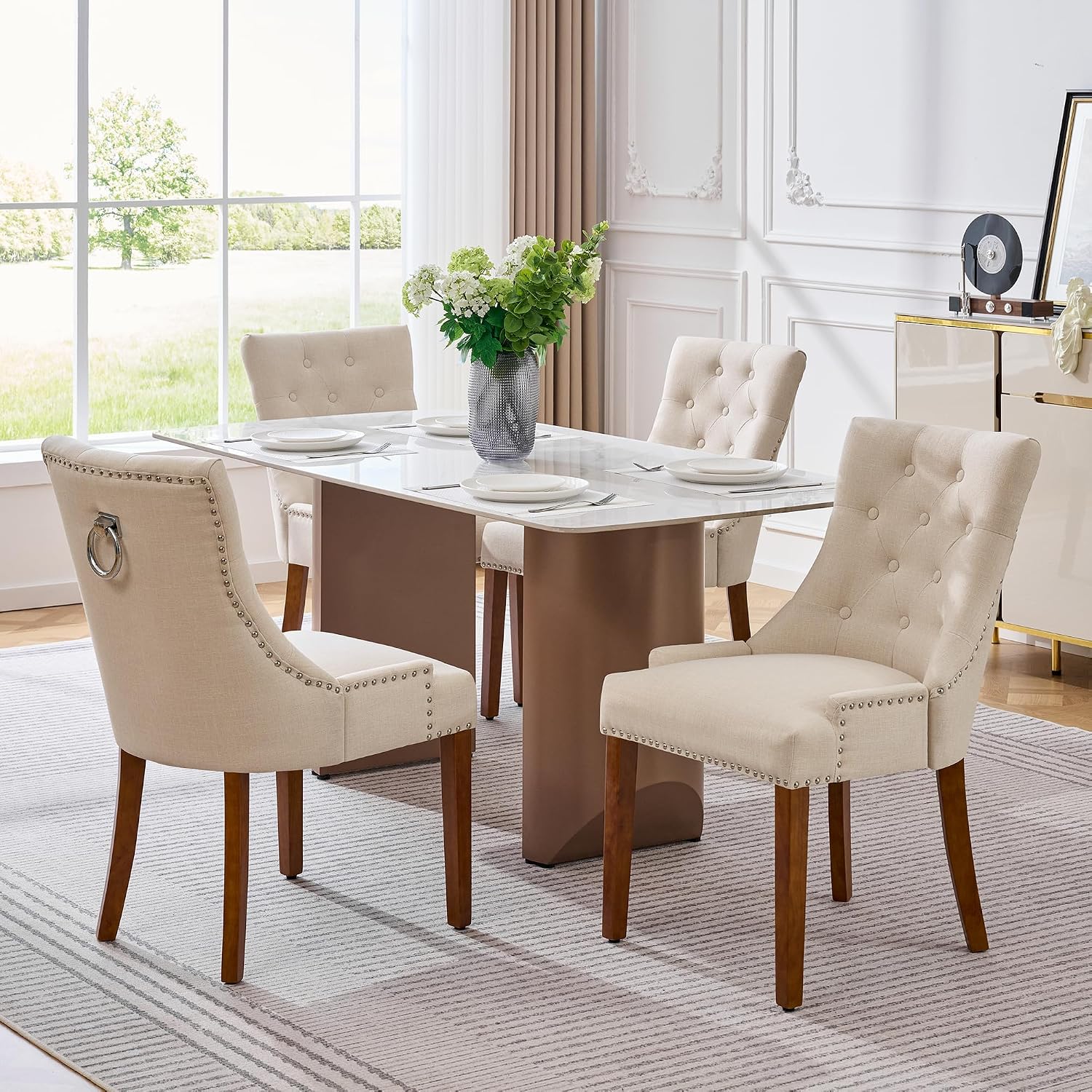 adochr Dining Chairs Set of 4, Upholstered Fabric Dining Room Chairs with Nailhead High Back & Ring Pull & Wooden Legs, Mid-Century Modern Kitchen Chairs for Restaurant, Living Room, Beige