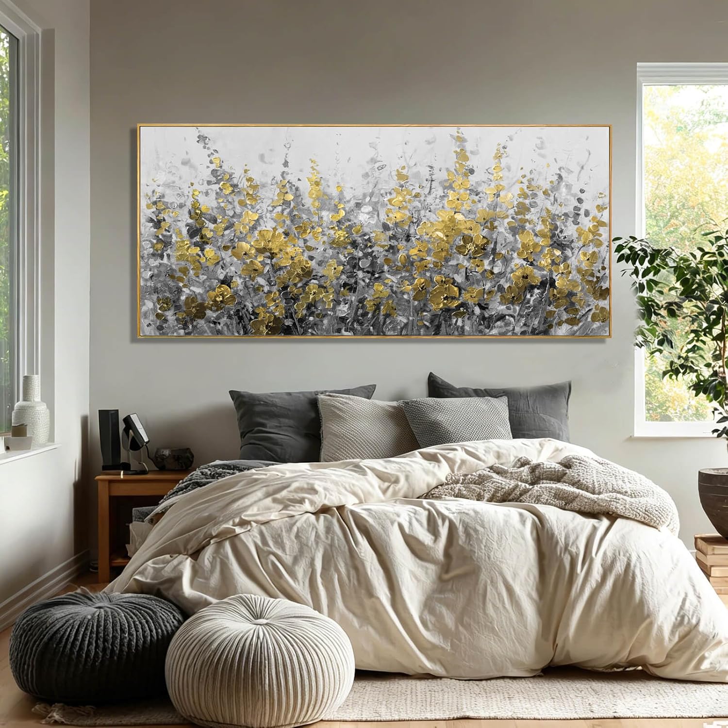 WINKAILIN Black Gold Wall Art Abstract Oil Flower Canvas Grey Painting Modern 32x70 Plant Artwork with Frame for Living Room Office Decoration