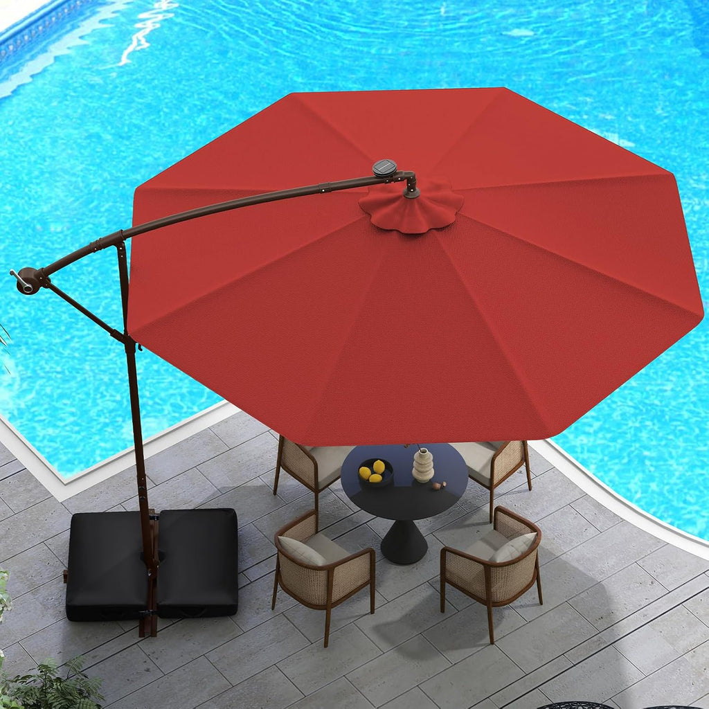 Tangkula 10FT Offset Patio Umbrella with Base Included, Outdoor Cantilever Umbrella with 40 Solar LED Lights, Tilt Adjustment, Crank Handle, Vented Top, Sand Bags for Pool Yard Deck (Burgundy)