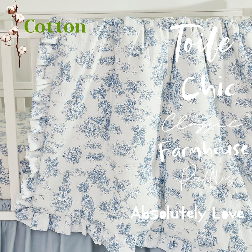 Brandream French Country Toile Crib Bedding Set for Girls Vintage Blue Toile Floral Print 100% Cotton Baby Girl Nursery Bedding Collection - Ruffles Quilt,Toile Crib Sheet,Crib Bed Skirt 3 Pieces
