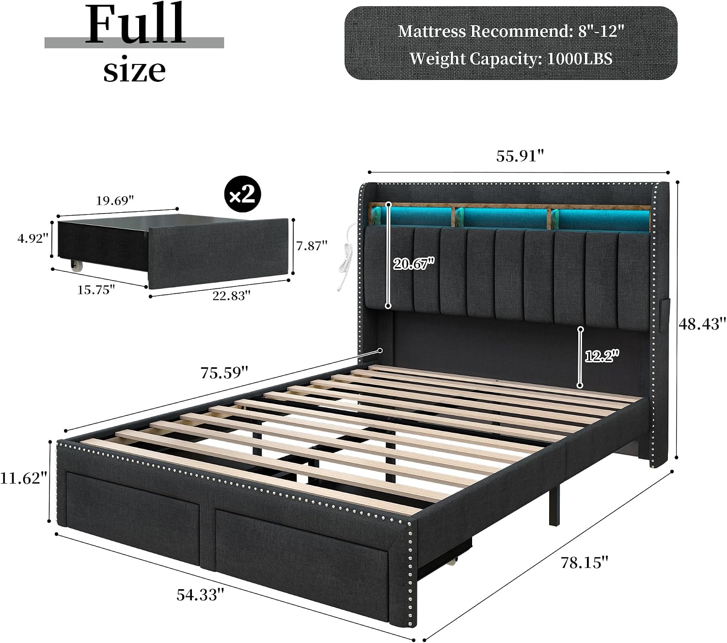 SIBEDS Full LED Bed Frame with 2 Drawers, Upholstered Platform Bed with 2 Tier Storage Wingback Headboard, Linen Channel Tufted Bedframe with Rivet Decor, No Box Spring Needed, Dark Gray