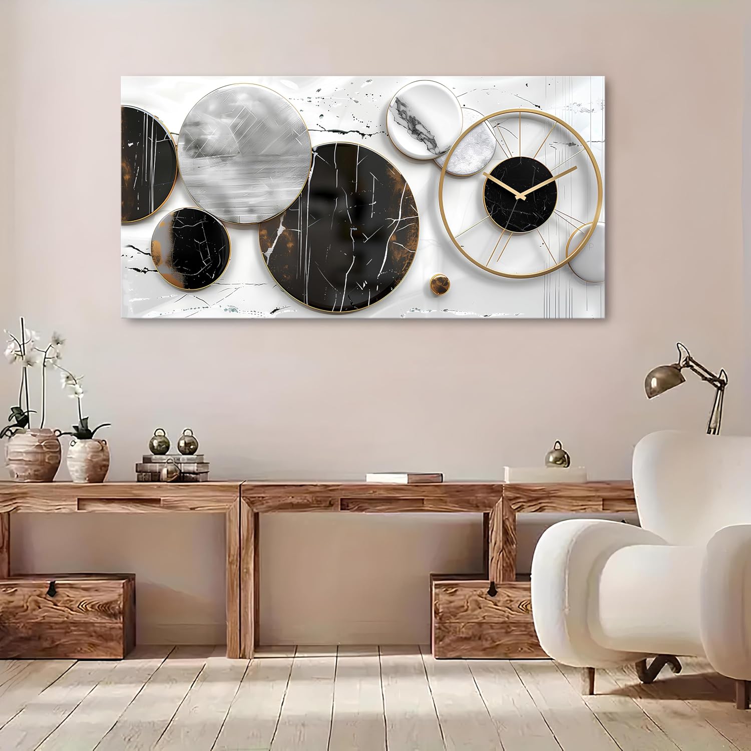 Modern Abstract Canvas Wall Art for Living Room Home Office Decor Black and White Gray Picture for Wall Decor Geometric Texture Marble Painting Clocks Prints Poster Artwork Decorations 30x60'