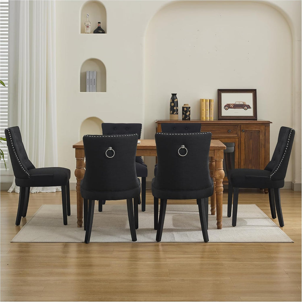 adochr Dining Chairs Set of 4, Modern Mid Century Kitchen Chairs with Wooden Legs & Linen Fabric Back, Dining Room Chairs with Pull Rings & Nailhead Trim, Black