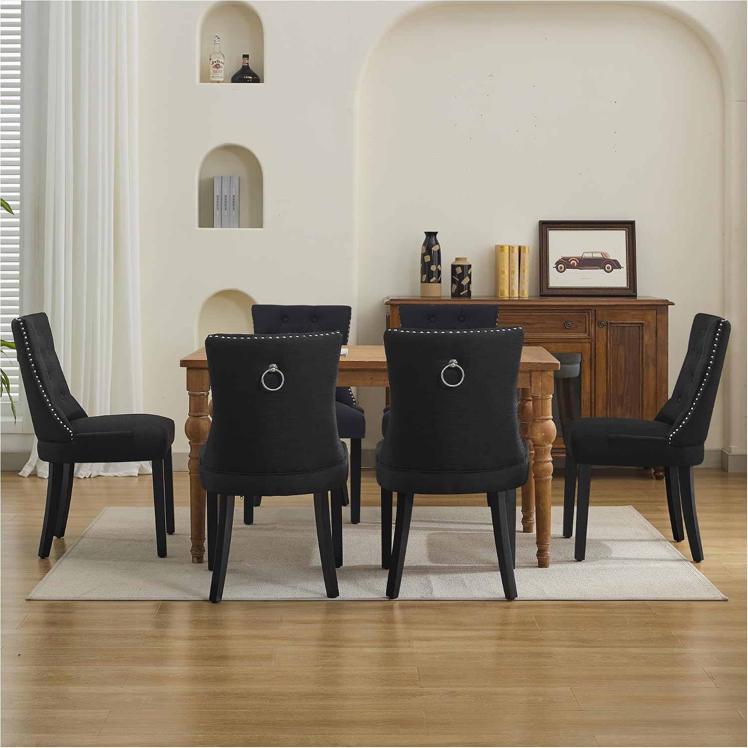 adochr Dining Chairs Set of 4, Modern Mid Century Kitchen Chairs with Wooden Legs & Linen Fabric Back, Dining Room Chairs with Pull Rings & Nailhead Trim, Black
