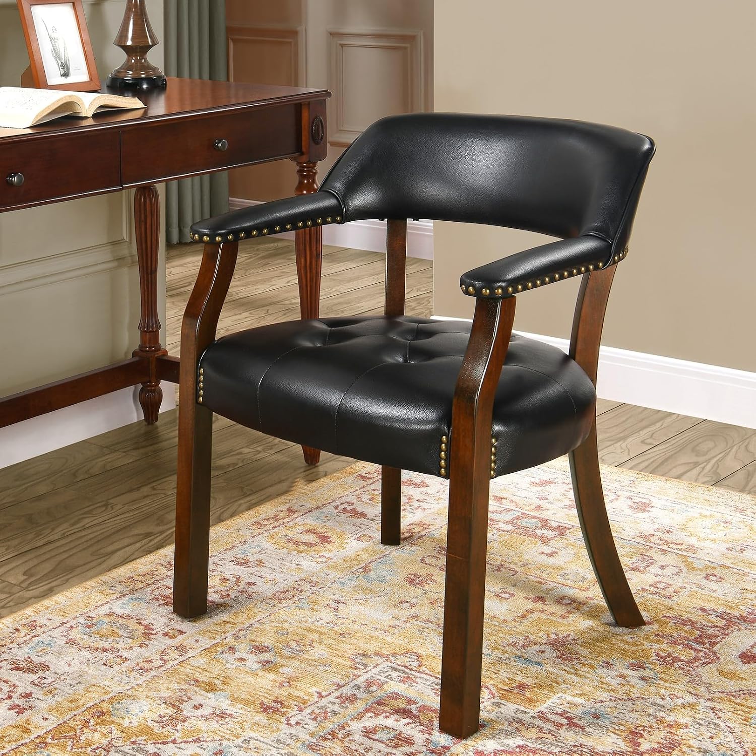 Large Dining Chairs with Upholstered and Arm,Solid Wood Wide Office Desk Chair Stool. Faux Leather Boss Captain's Chairs,Classic Accent Chairs for Kitchen, Cherry Walnut Legs & Black NX173D