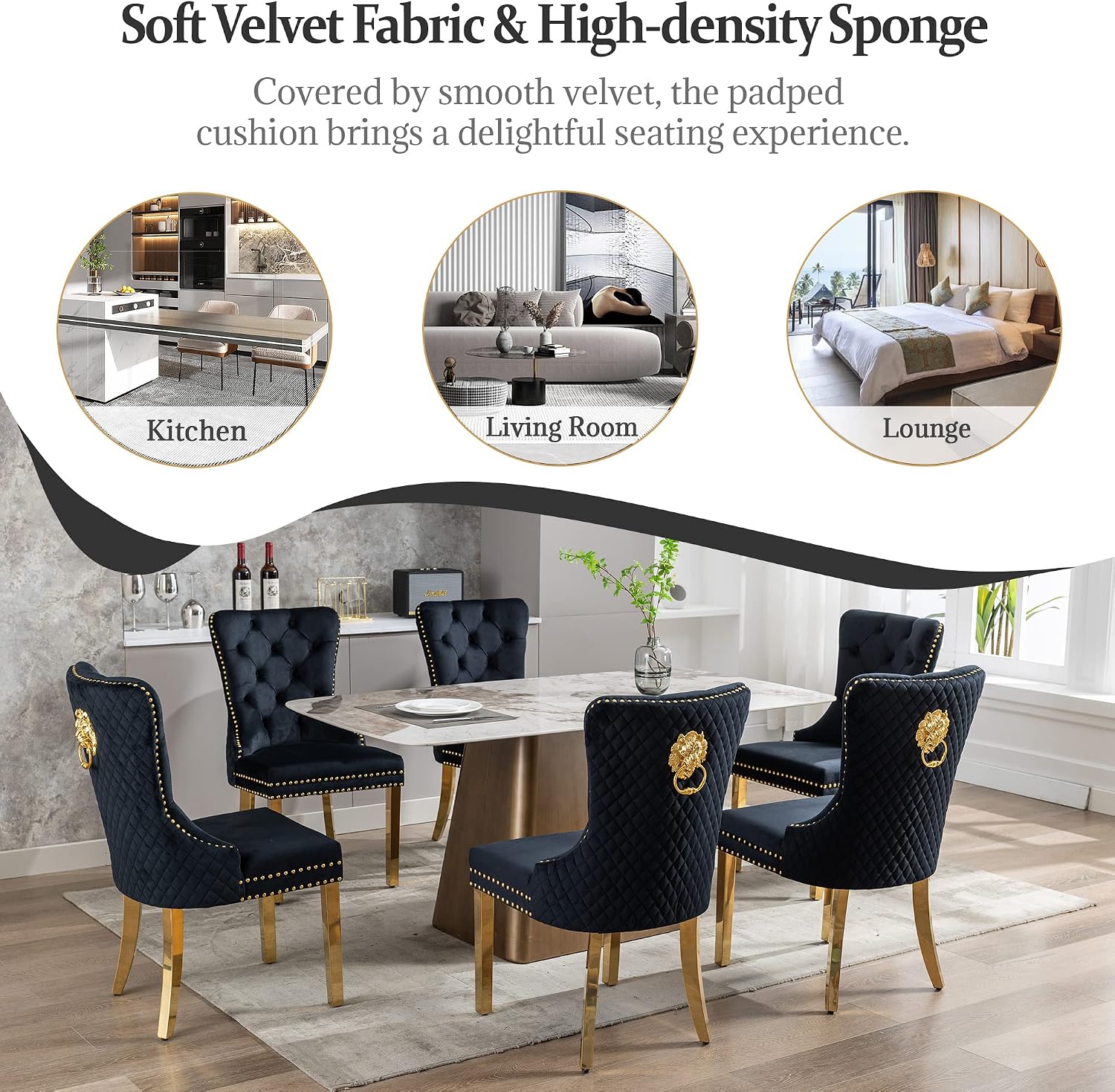 civama Dining Chairs Set of 6, Elegant Luxury Velvet Tufted Dining Chairs Golden Legs & Nailhead Trim, Back Lion Head Pull Ring & Rhomboid Pattern, Nikki Collection Armless Kitchen Chair, Black