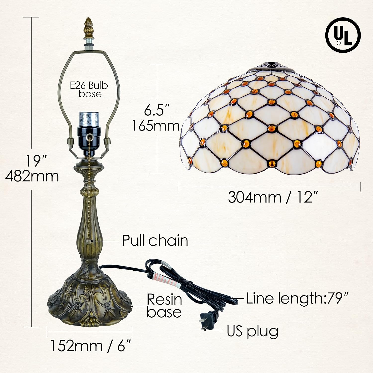 Tiffany Style Table Lamp, Amber White Bead Pearls Stained Glass Lamp with Antique Bronze Resin Base for Reading, Study, Bedside, Bedroom, Living Room, Office 12X12X19 Inch
