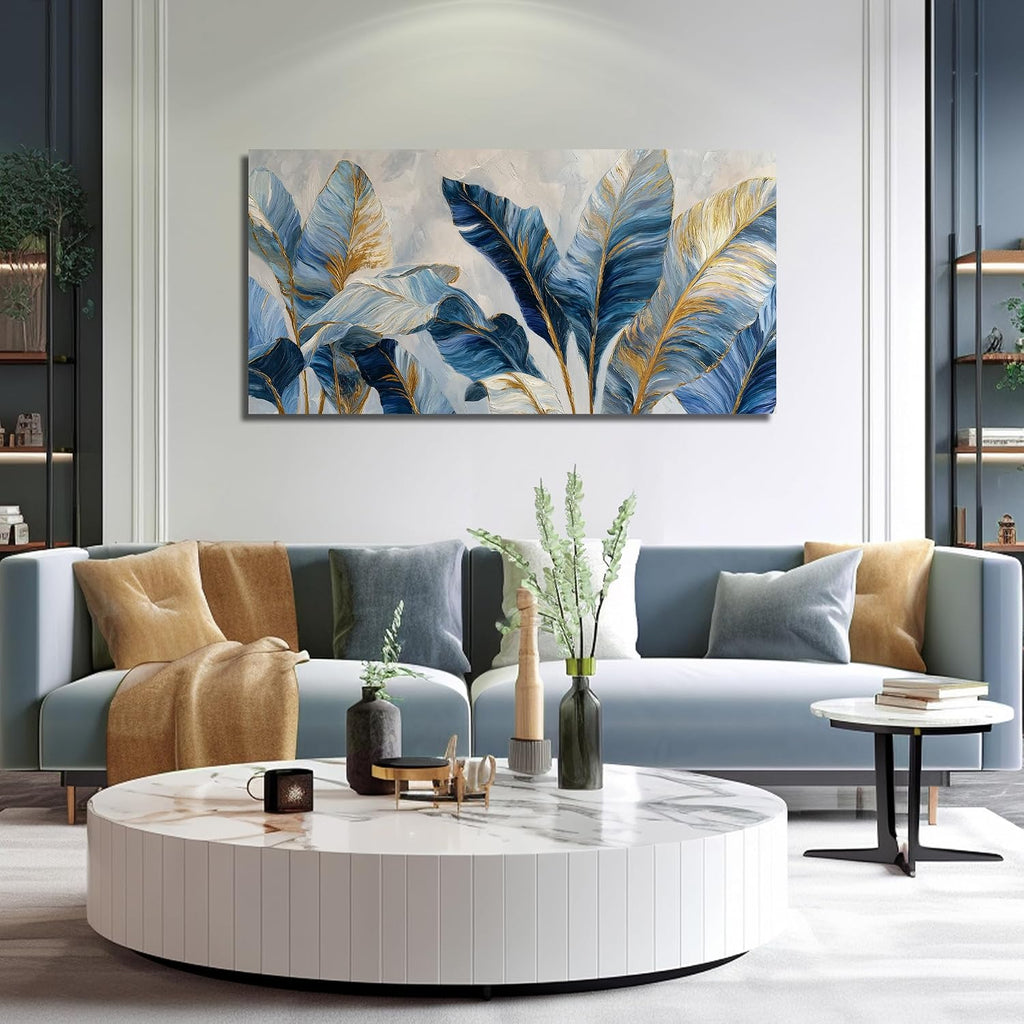 JuhaiArt White Banana Leaf Prints Bedroom Blue Canvas Art Botanical Gold Wall Artwork for Living Room Office 29' x 59'