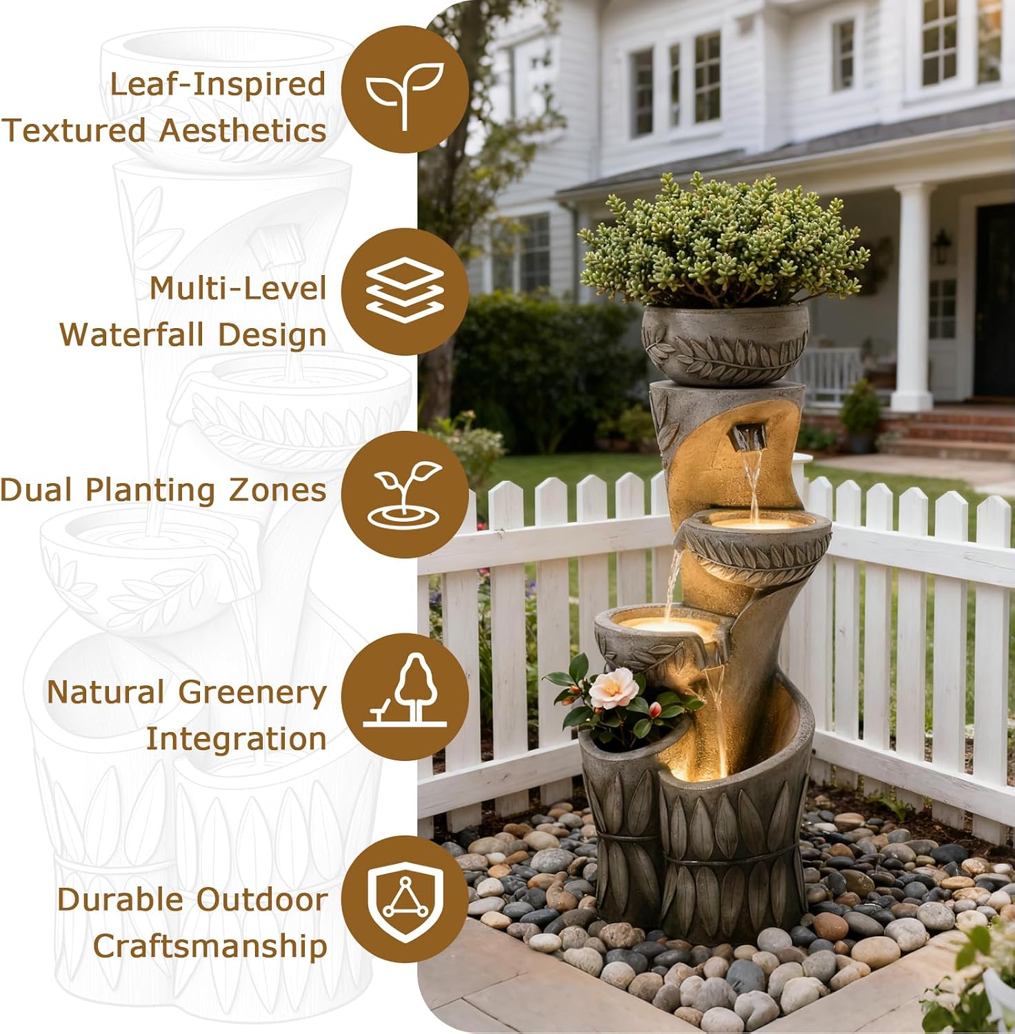 4 Tiered Water Fountain Outdoor, 35.6' Tall Cascading Bowl Leaf Carved Outdoor Waterfall Fountains Modern Water Feature with Dual Planters for Garden, Patio,Deck, Yard, Indoor Decor