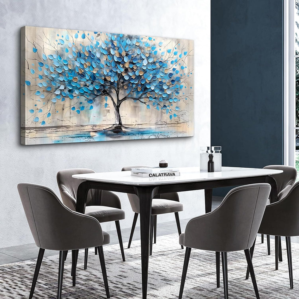 Lapremoly Large Wall Art For Living Room Framed Wall Decor For Bedroom Office Decor Textured Abstract Wall Pictures Artwork Blue Tree Painting Panoramic Landscape Prints Home Decorations 30x60 In