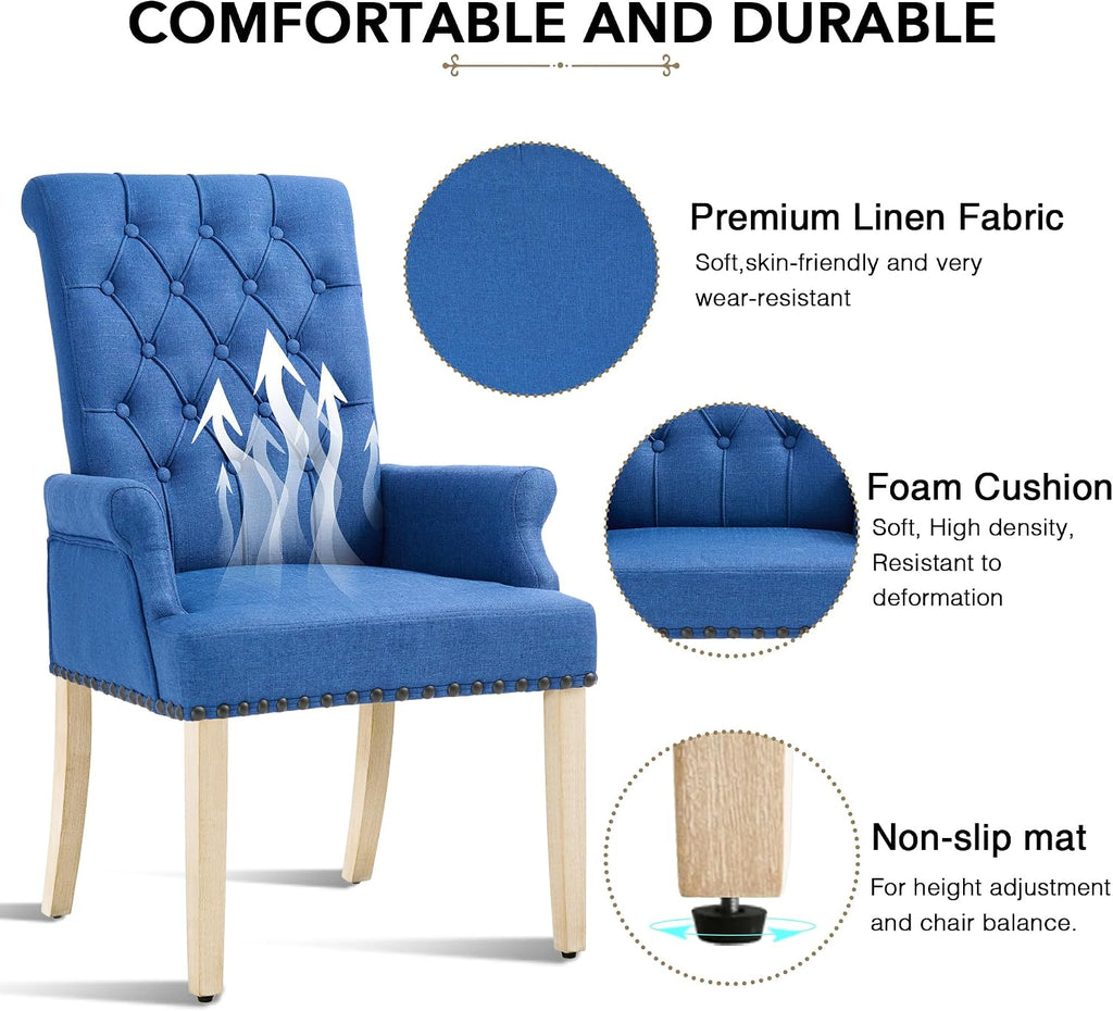 LOULENS Fabric Dining Chairs, Upholstered Tufted Armrest Chairs, Accent Chairs with Nailhead Trim, Solid Wood Legs for Home, Kitchen Living Room, Dark Blue