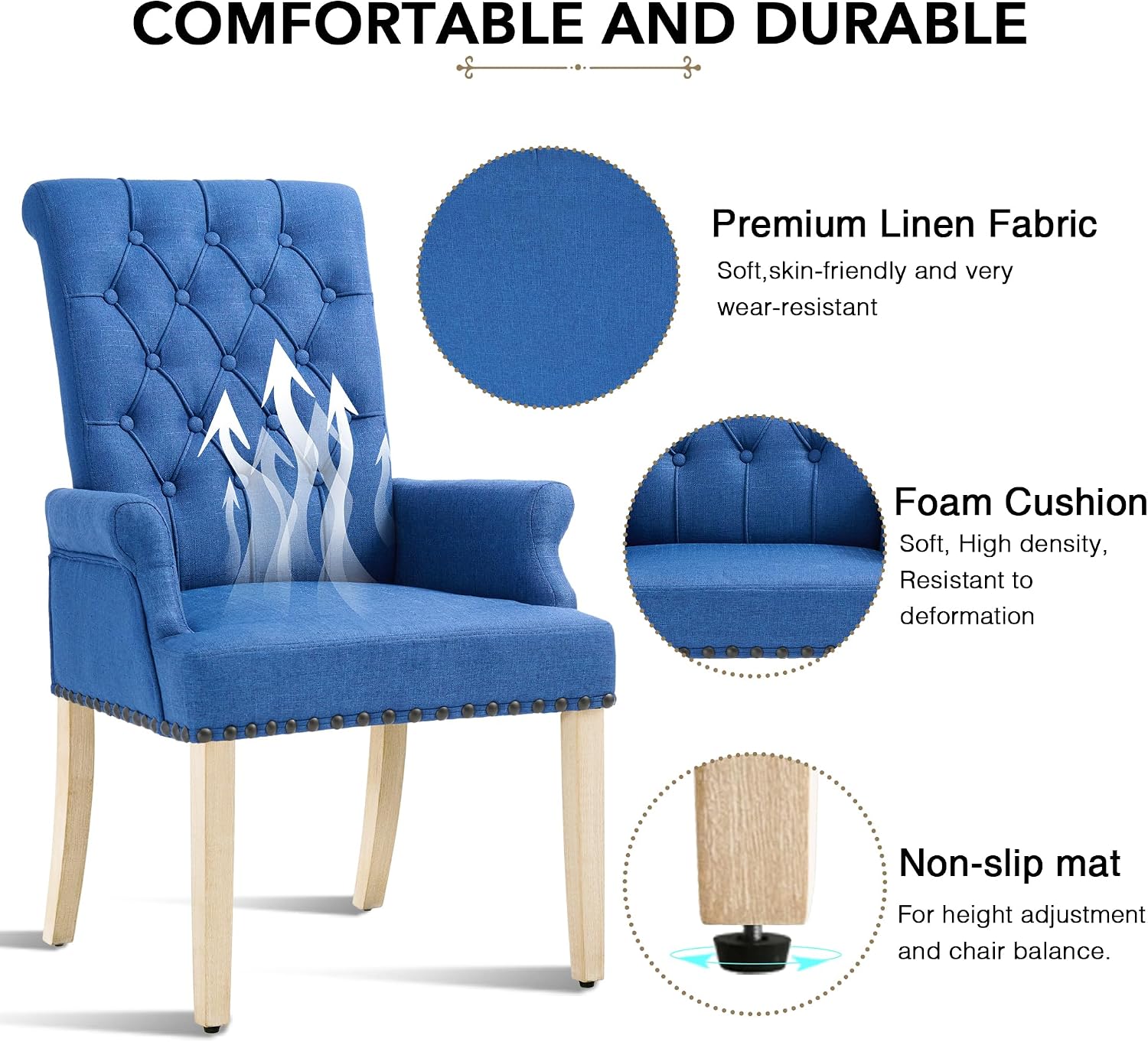 LOULENS Fabric Dining Chairs, Upholstered Tufted Armrest Chairs, Accent Chairs with Nailhead Trim, Solid Wood Legs for Home, Kitchen Living Room, Dark Blue