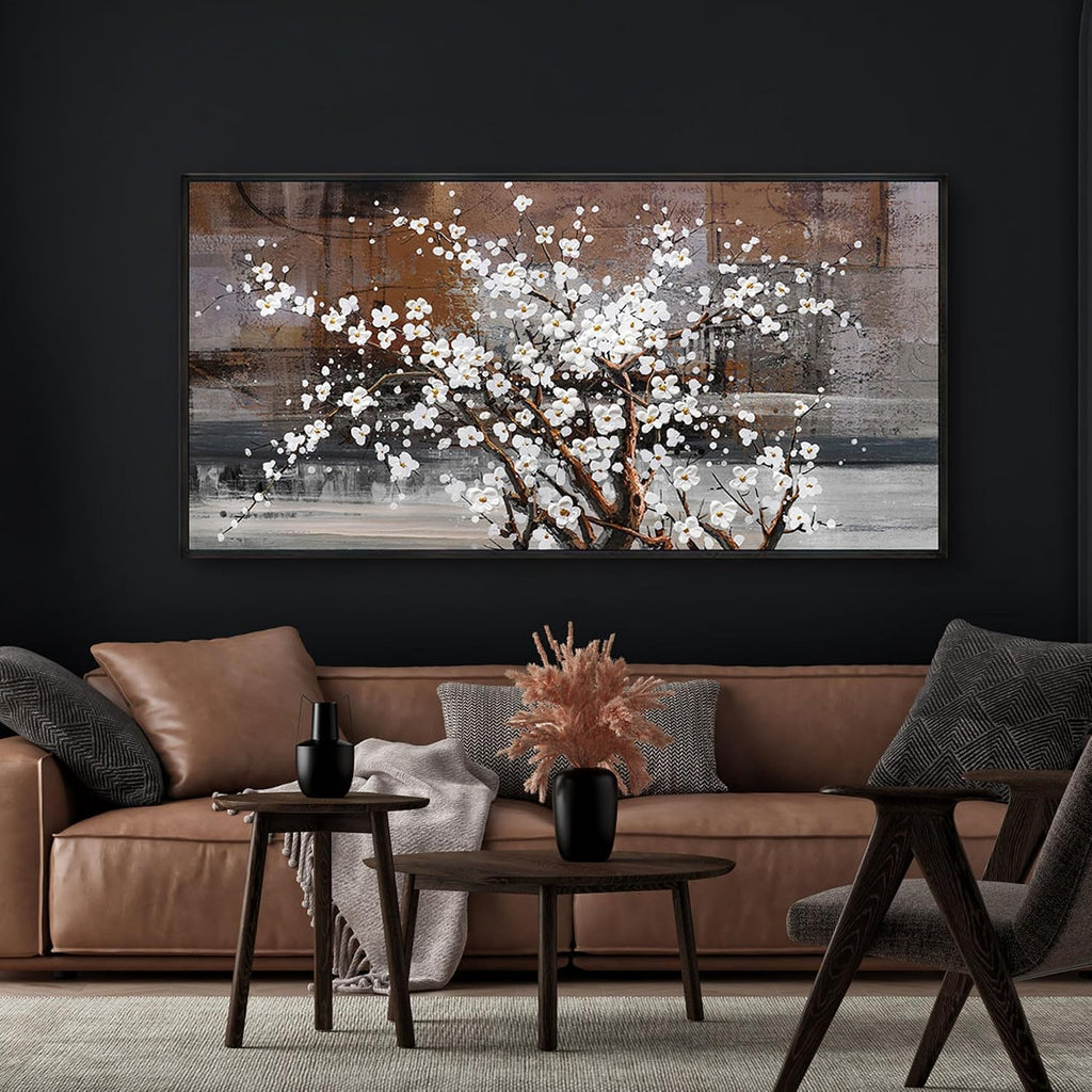 KLAKLA Wall Art for Living Room - Black Framed Wall Decor - Large Size Natural Botanical Plum - Wooden Framed Abstract Brown Picture Artwork for Bedroom Office