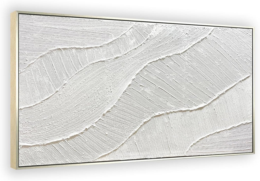 GeekMacro White Hand Painted Abstract Oil Painting Textured Wall Art - Large Framed 58x29 Minimalist Artwork Living Room Bedroom Horizontal Wall Decor