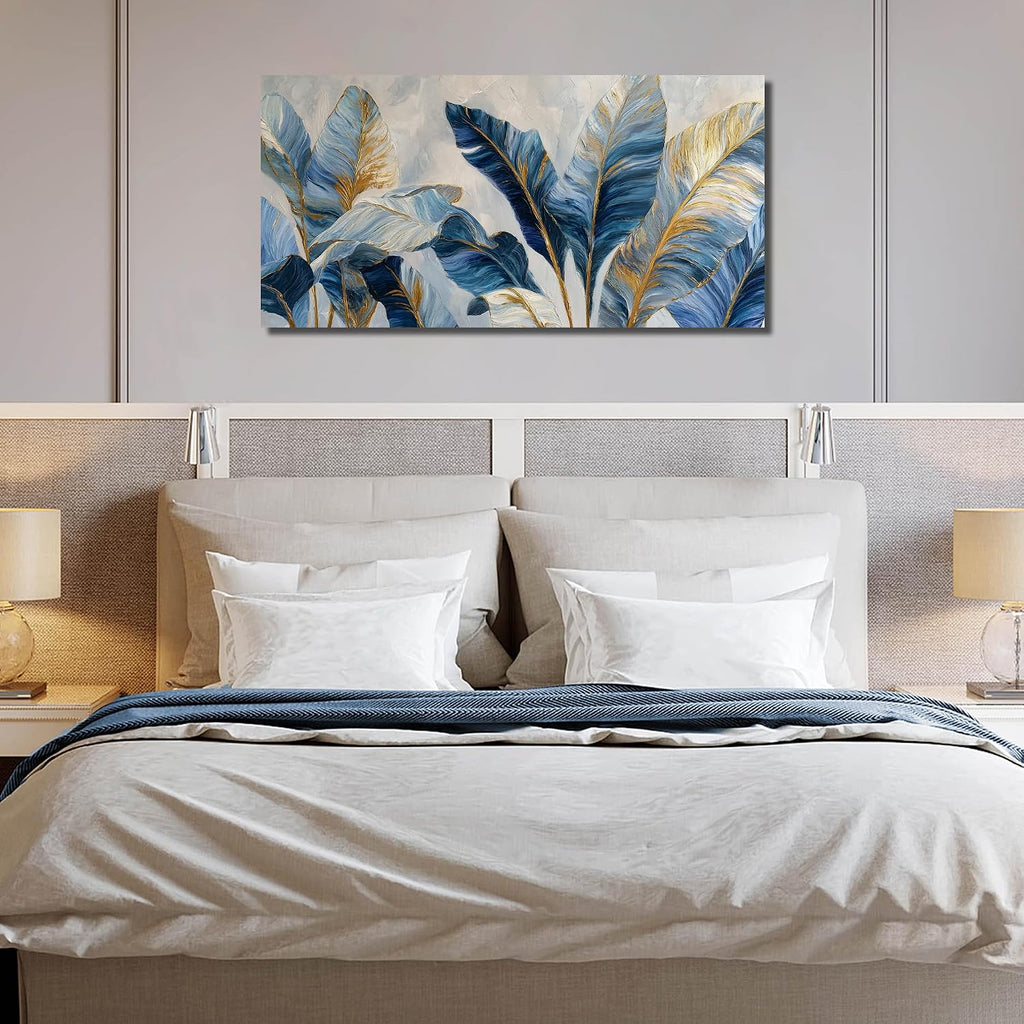 JuhaiArt White Banana Leaf Prints Bedroom Blue Canvas Art Botanical Gold Wall Artwork for Living Room Office 29' x 59'