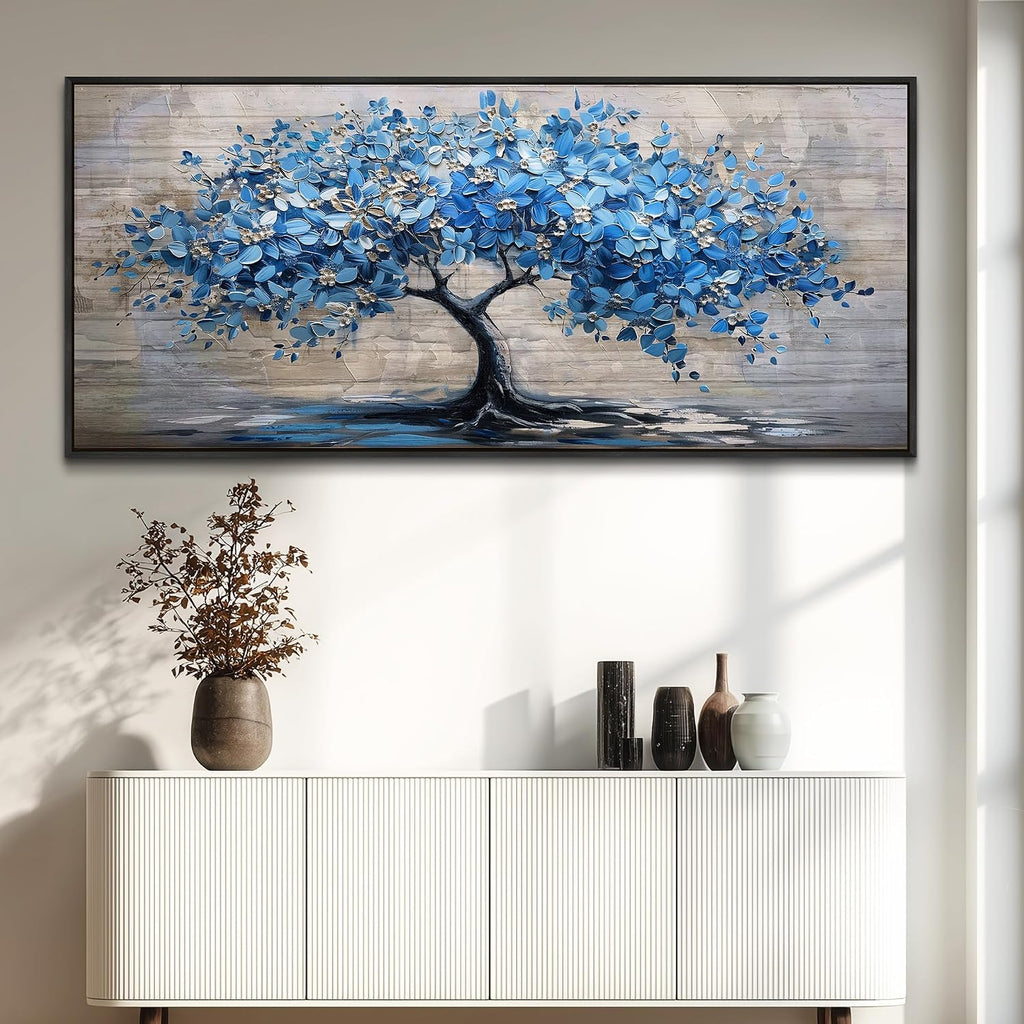 ERQINHUA Large Canvas Blue Tree Printed Painting Wall Decor For Living Room Office Wall Art For Bedroom Abstract Farmhouse Restaurant Mural Artwork Picture Home Decoration Black Framed 32x72 In