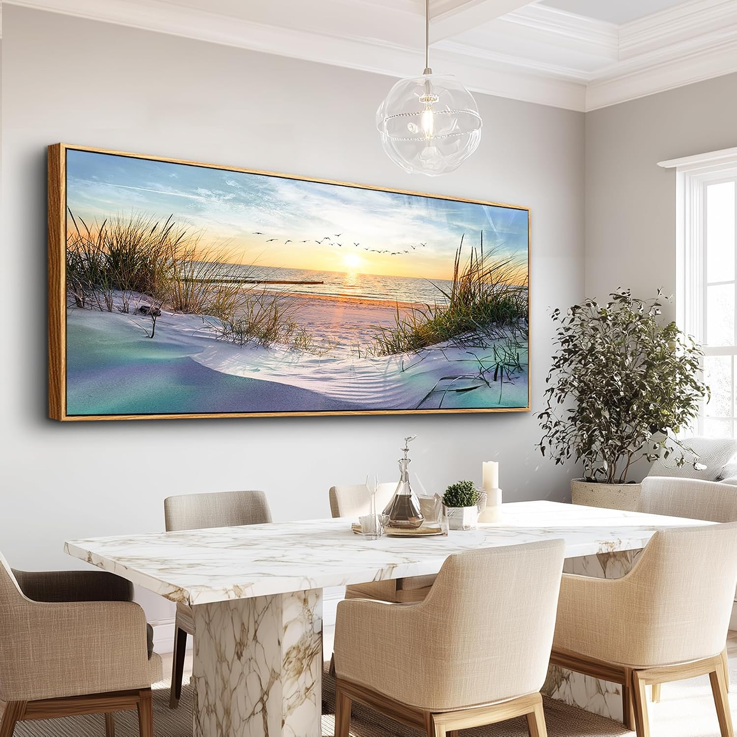 Wapluam Beach Wall Art For Living Room Coastal Canvas Prints Artwork Ocean Seascape Wall Paintings Nature Landscape Wall Decor Pictures for Bedroom Office Hotel Extra Large Framed Home Decor 32x72 In