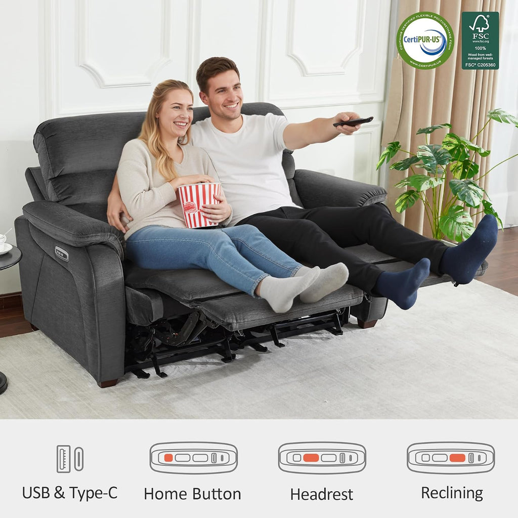 MCombo 61.6'' Wall Hugger Power Loveseat Recliner, Reclining Loveseat with Adjustable Headrest, USB Charge Ports, Wood Legs for Living Room, RVs, Small Spaces, Fabric ST258M1 (Loveseat, Dark Grey)