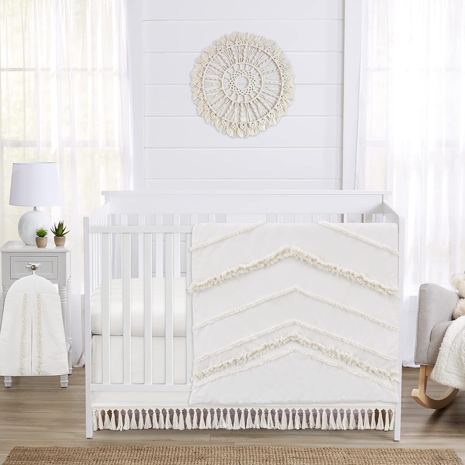 Sweet Jojo Designs Ivory Boho Chic Boy Girl Baby Crib Bedding Set Infant Nursery Room Solid Color Beige Cream Gender Neutral Bohemian Modern Farmhouse Designer Unisex Tassel Fringe Macrame Cotton