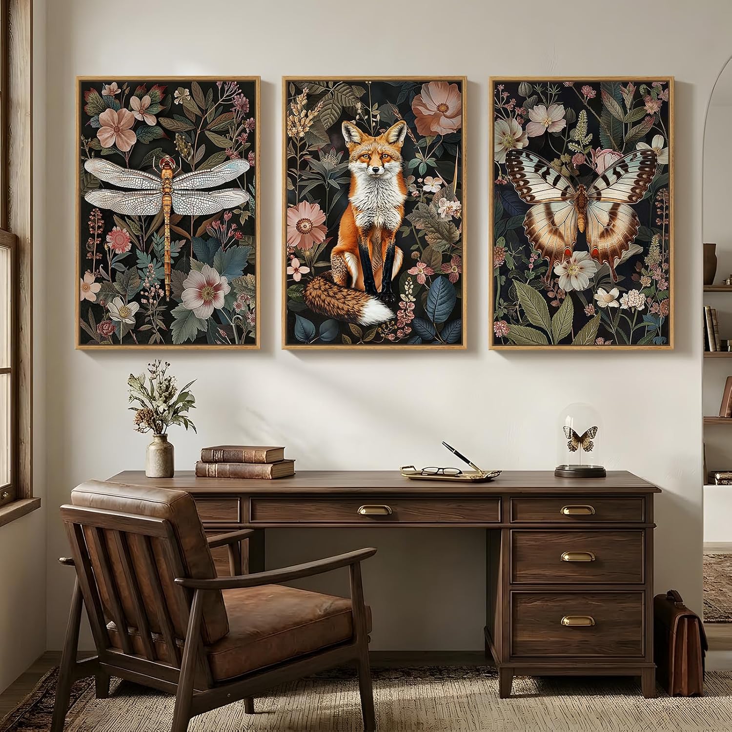 Framed Vintage Botanical Animal Wall Art Set of 3, Dark Floral Butterfly Dragonfly Fox Nature Canvas Prints, Rustic Forest Cottage core Garden Wall Decor for Living Room Bedroom Office, 24x36 Inch