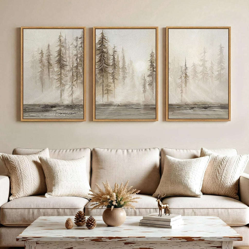 Framed Neutral Pine Tree 3 Piece Wall Art for Living Room, Abstract Modern Landscape Canvas Artwork for Walls, Large Foggy Nature Scenic Painting Prints for Bedroom Hallway Office Wall Decor, 20x30 In