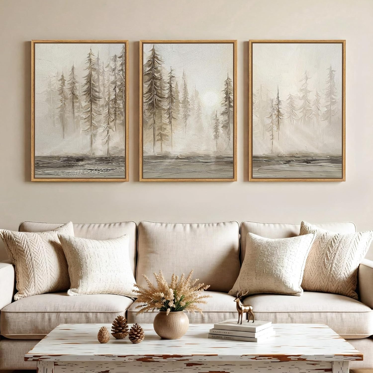 Framed Neutral Pine Tree 3 Piece Wall Art for Living Room, Abstract Modern Landscape Canvas Artwork for Walls, Large Foggy Nature Scenic Painting Prints for Bedroom Hallway Office Wall Decor, 20x30 In