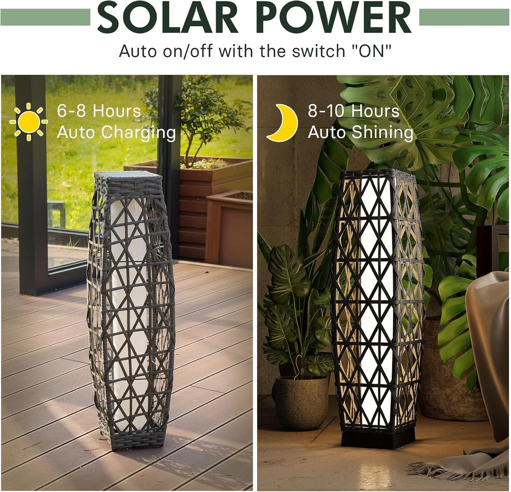 Grand patio 2-Piece Solar Outdoor Floor Lamp Solar Powered Wicker Lantern Outdoor Weather-Resistant Deck Light for Garden Porch Yard-Silver Gray, Large Cindy