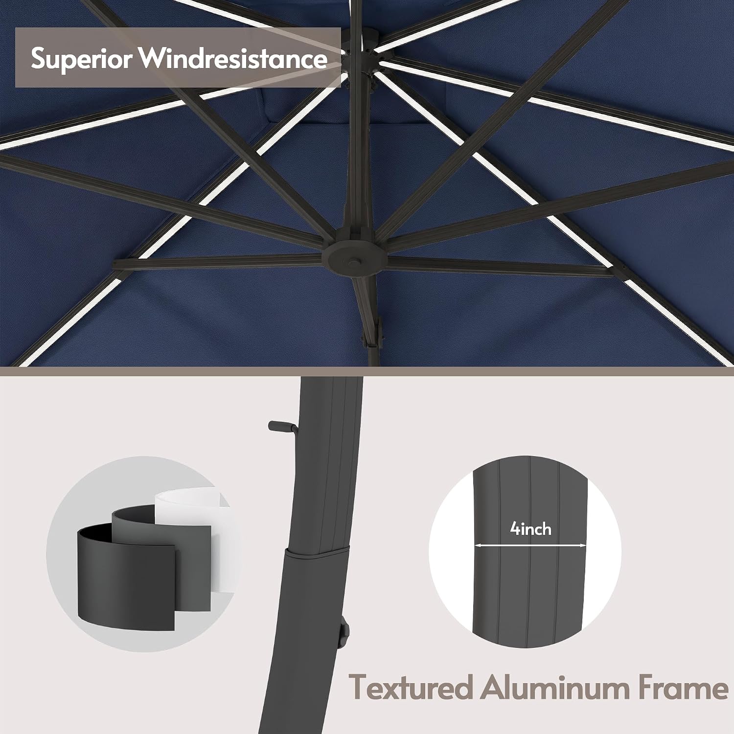 ENSTVER 11x11ft Large Cantilever Umbrella With Base Included & Solar Powered Led Lights, Deluxe Curvy All-Aluminum Rectangular Patio Umbrella For Deck, Pool And Backyard (Navy Blue)