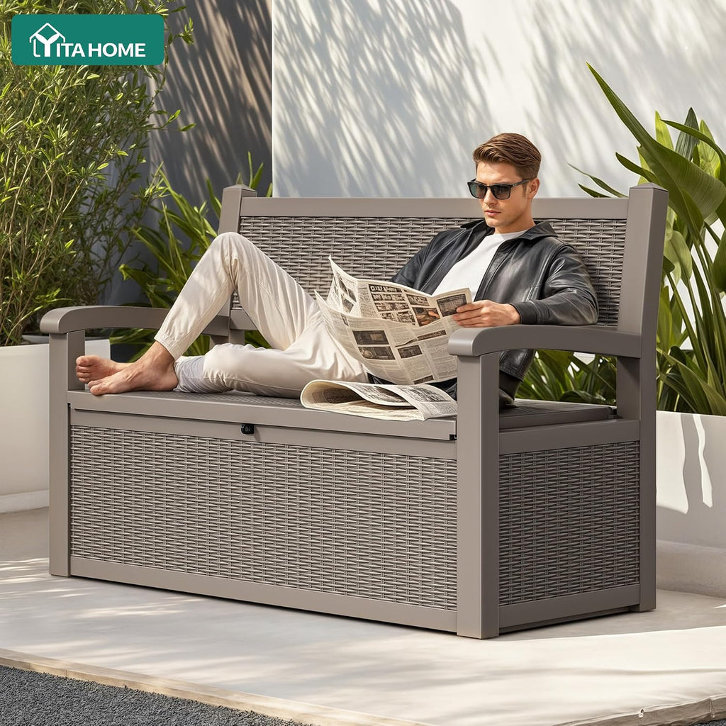 YITAHOME 80 Gallon Storage Bench Deck Box, Lockable Patio Bench, Waterproof Outdoor Pool Deck Storage for Patio Cushions, Garden Tools and Pool Supplies, Light Brown