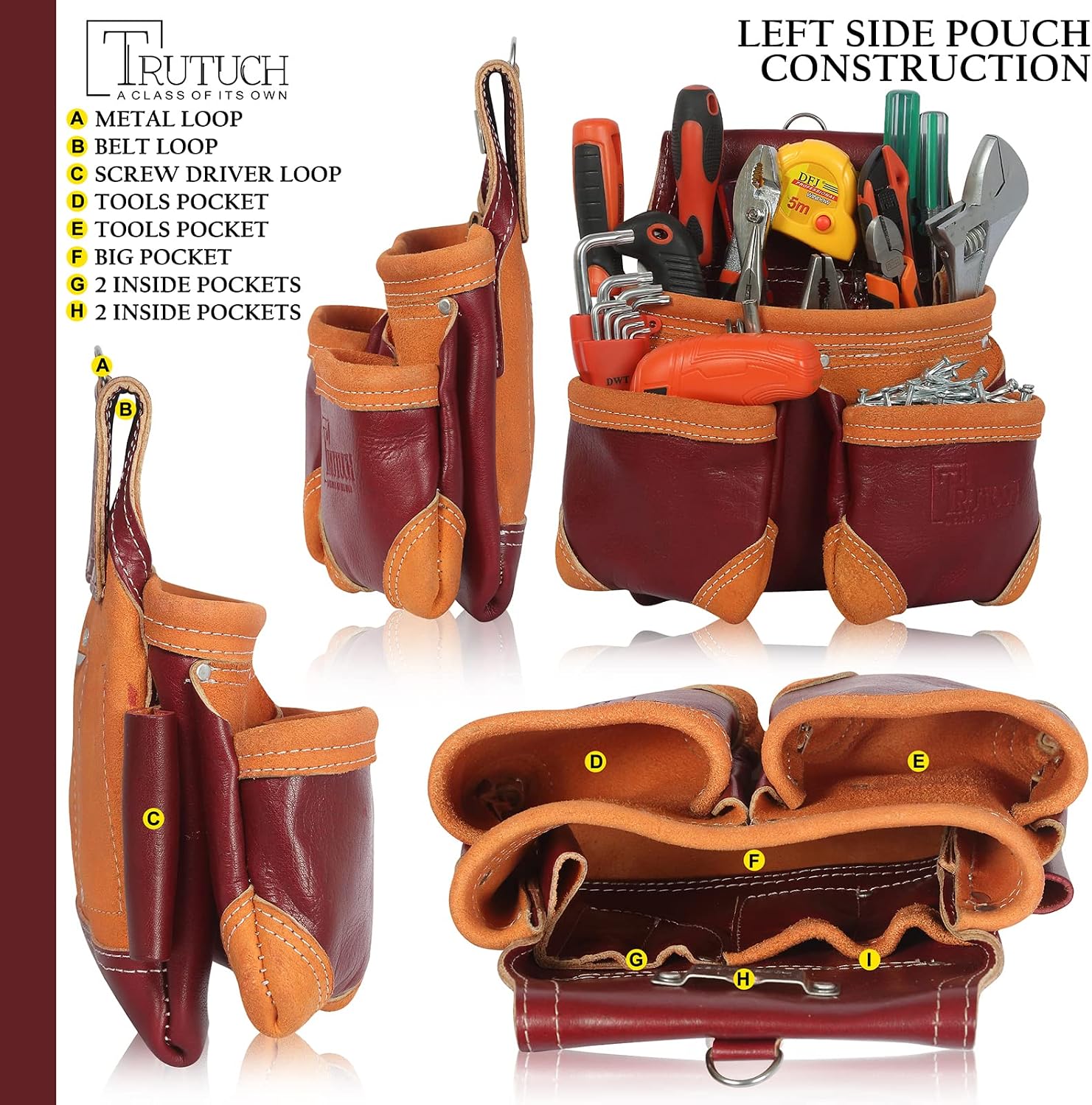 Grain Leather Tool Belt | Tool Rig Set | Tool Pouch | Drywall | Carpenter Tool Bag | Leather Tool Belts for Men | Construction | Framers | Electrician (Maroon)