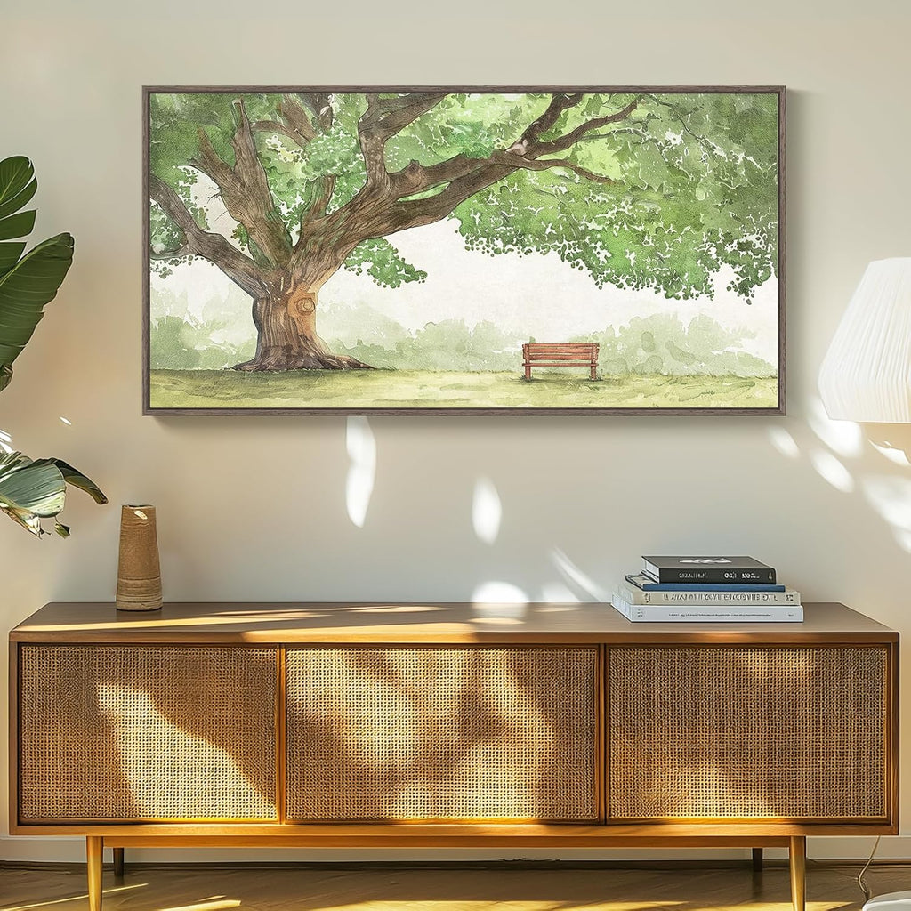Extra Large Framed Landscape Canvas Wall Art for Living Room - Contemporary Big Tree Shade Sage Green Painting with Park Bench, Nature Artwork Prints for Bedroom Home Office Nursery Hallway 30x60 Inch