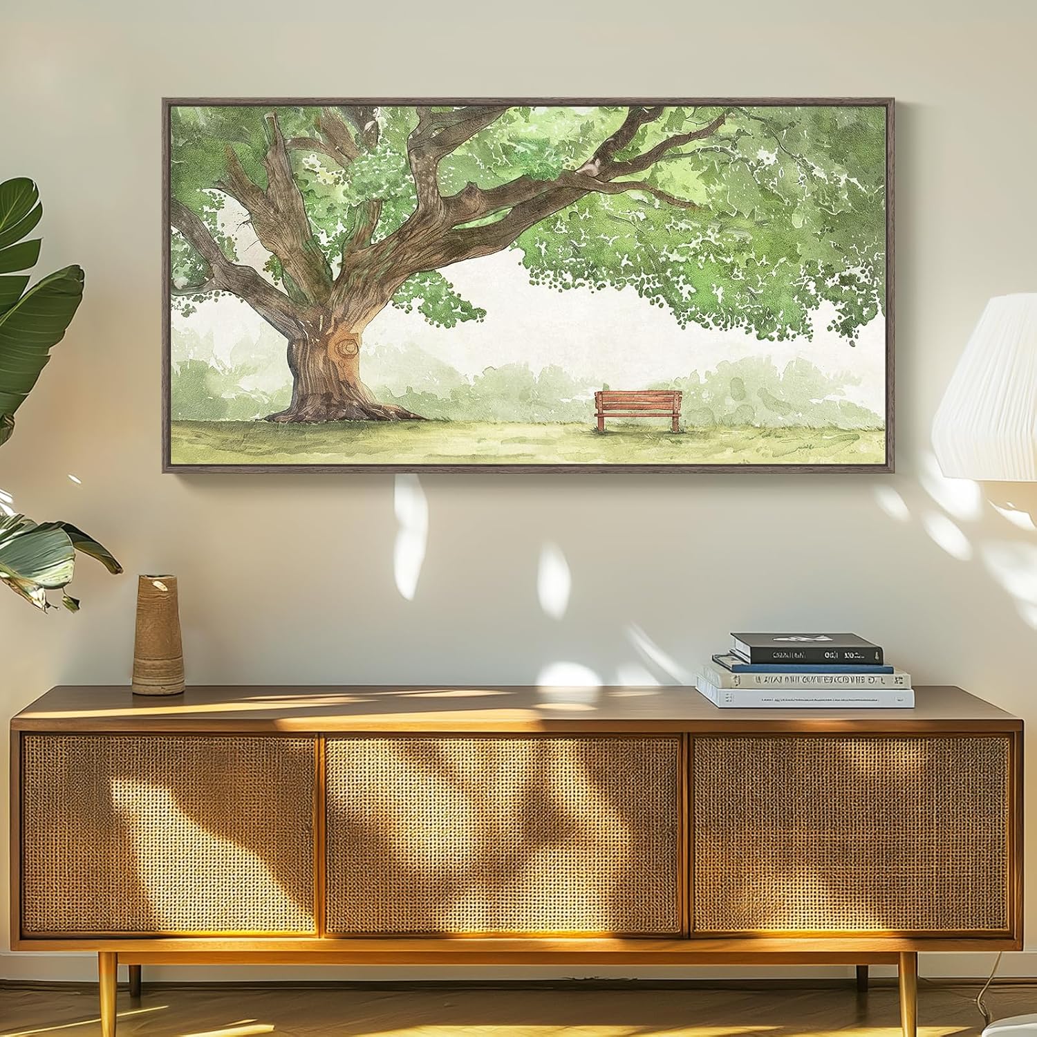 Extra Large Framed Landscape Canvas Wall Art for Living Room - Contemporary Big Tree Shade Sage Green Painting with Park Bench, Nature Artwork Prints for Bedroom Home Office Nursery Hallway 30x60 Inch