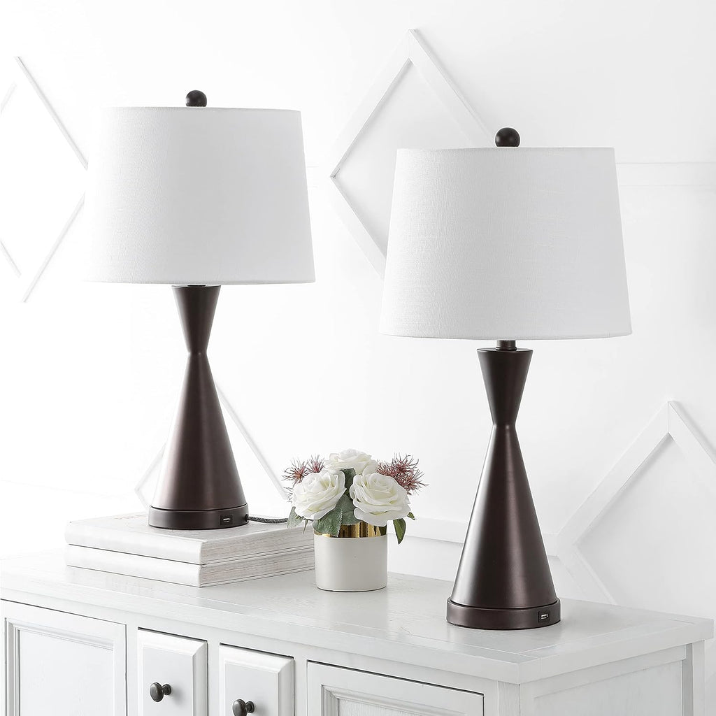 JONATHAN Y 26' Oil Rubbed Bronze Classic Iron LED Table Lamp with USB Port, Set of 2 for Bedroom, White Linen Shade, Farmhouse Midcentury Modern Bedside Nightstand Lamps, LED Bulbs (JYL4046C-SET2)