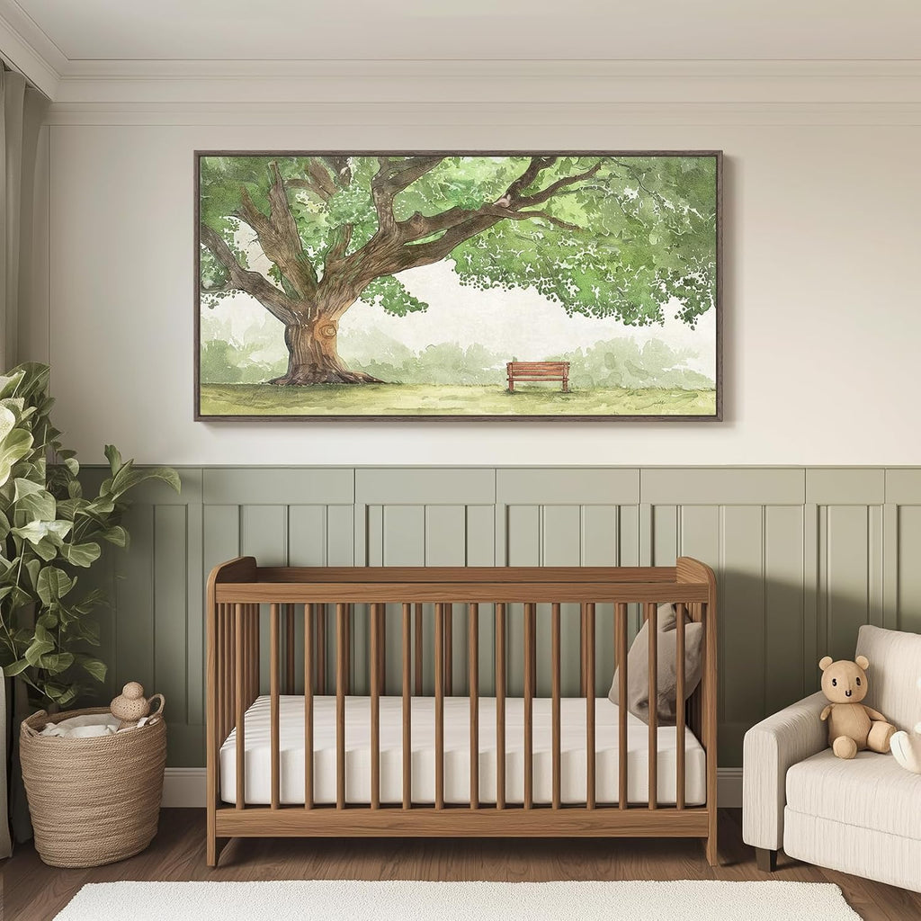 Extra Large Framed Landscape Canvas Wall Art for Living Room - Contemporary Big Tree Shade Sage Green Painting with Park Bench, Nature Artwork Prints for Bedroom Home Office Nursery Hallway 30x60 Inch