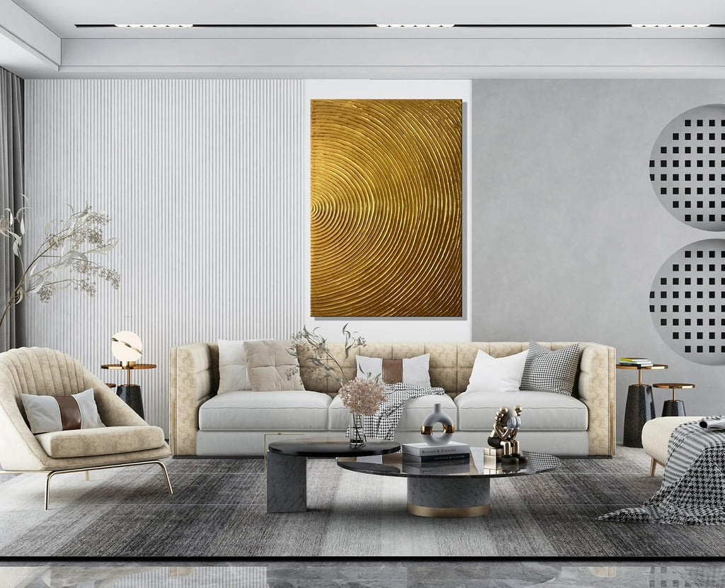 Slyart Handmade Modern Abstract Painting 3D Heavy Texture Canvas Wall Art 28x40 Inches Minimalism Gold Artwork Large Vertical Painting on Canvas for Living Room Bedroom Wall Decor