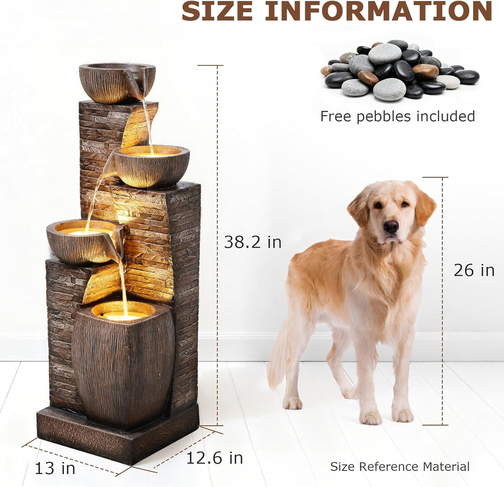 38.2' Tall Water Fountain Outdoor Garden,4 Tiers Modern Cascading Bowls and Stacked Stones Indoor Fountains with LED Lights for Patio, Deck, Porch, Backyard and Home Art Decor(Reddish-Brown
