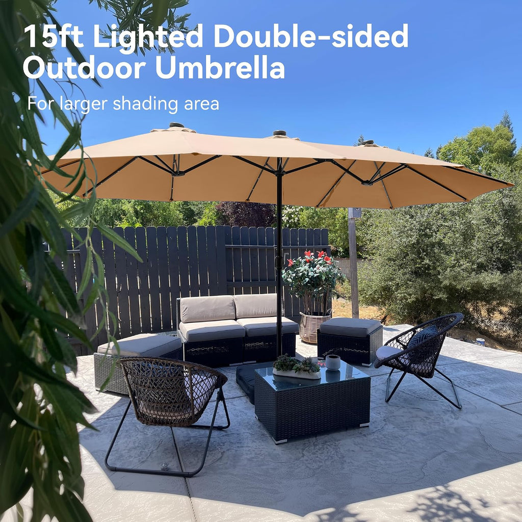 PHI VILLA 15ft Large Patio Umbrella with Base & Solar Lights, Double-Sided Outdoor Rectangle Umbrellas with 36 LED Lights, Umbrella for Outside with Stand, Beige