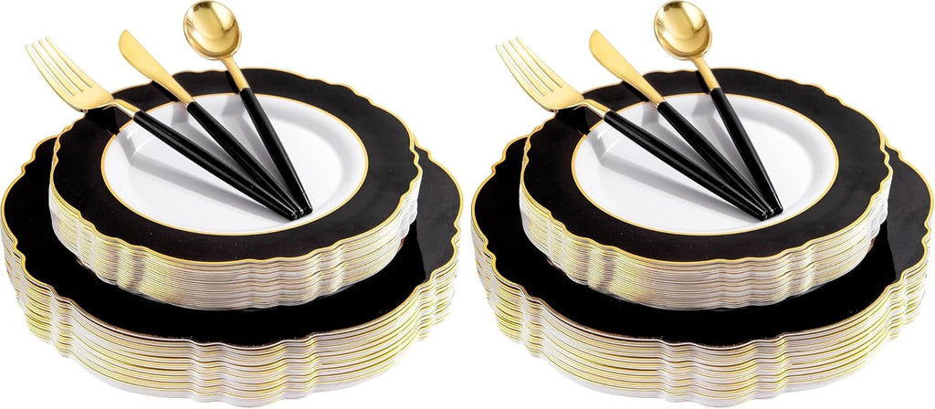 WDF 30Guest Black and Gold Plastic Plates - New Year Plates - Gold Plastic Silverware With Black Handle Baroque Black and Gold Disposable Dinnerware for New Year &Parties (Pack of 2)