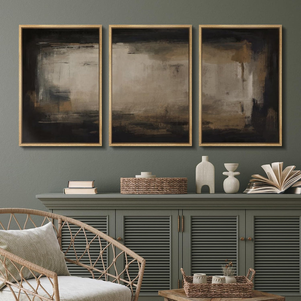 SIGNFORD Framed Canvas Print Wall Art Set Shadow Layers Abstract Dark Brown and Black Illustrations Modern Art Relax/Calm for Living Room, Bedroom, Office - 24'x36'x3 Natural
