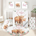 KAINSY Custom Crib Bedding Set 5 Piece for Girls Boys – Personalized Floral Highland Cow Theme, Newborn Sleep Set, Toddler Nursery Decor, Infant Sleep, Baby Room Accessories